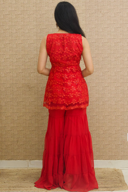 Red Georgette Kurta Sharara (Set of 2)