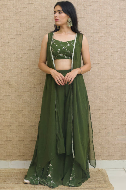 Mehendi Green Georgette Embroidered Sharara Set