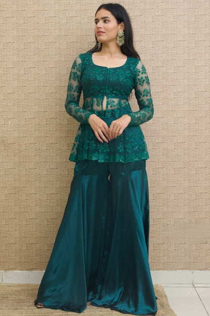 Bottle Green Embroidered Sharara Set - Set of 2
