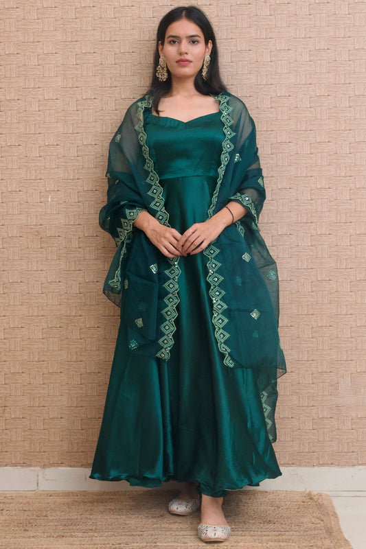 Teal Green Satin Anarkali Set