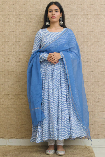 Blue Leheriya Cotton Tiered Anarkali Set