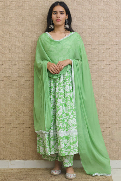 Frog Green Kantha Cotton Anarkali set