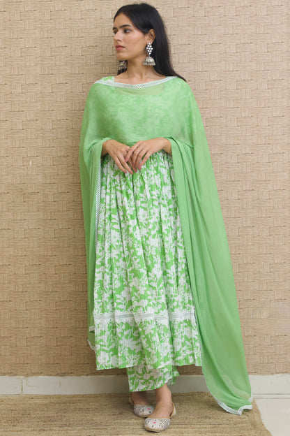 Frog Green Kantha Cotton Anarkali set