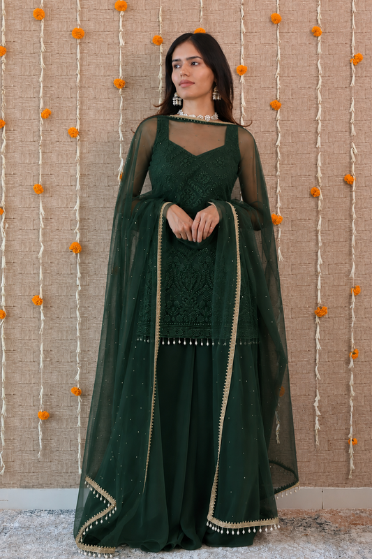 Bottle Green Embroidered Georgette Sharara Set
