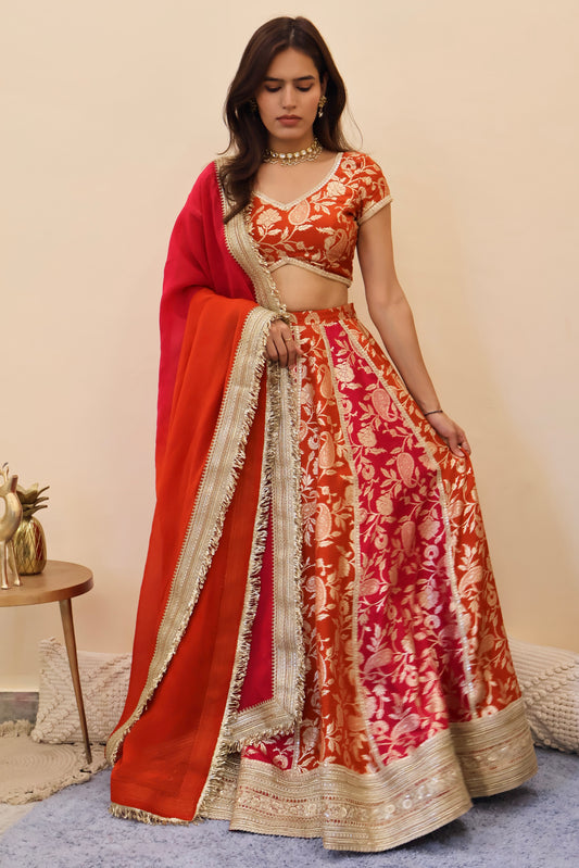 Burnt Orange & Pink Banarasi Lehenga Set