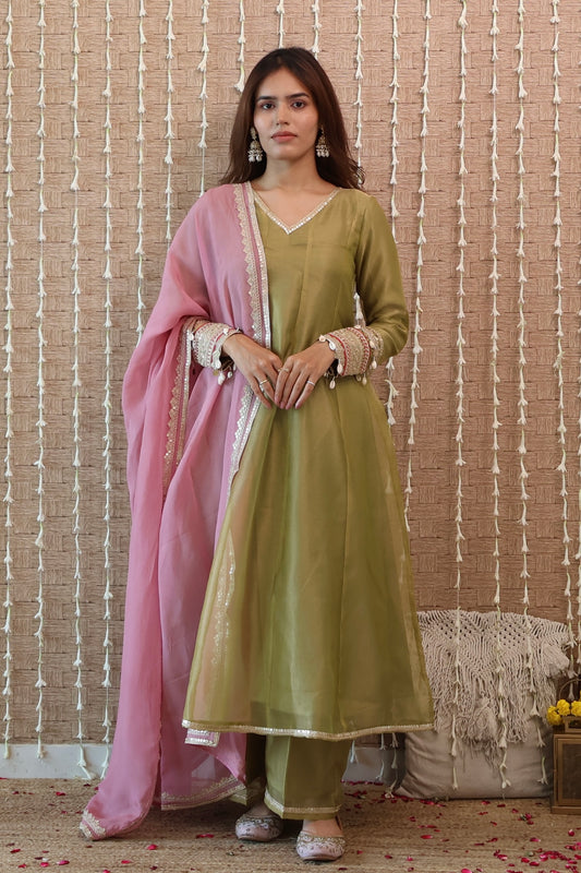 Green Tissue Anarkali Set