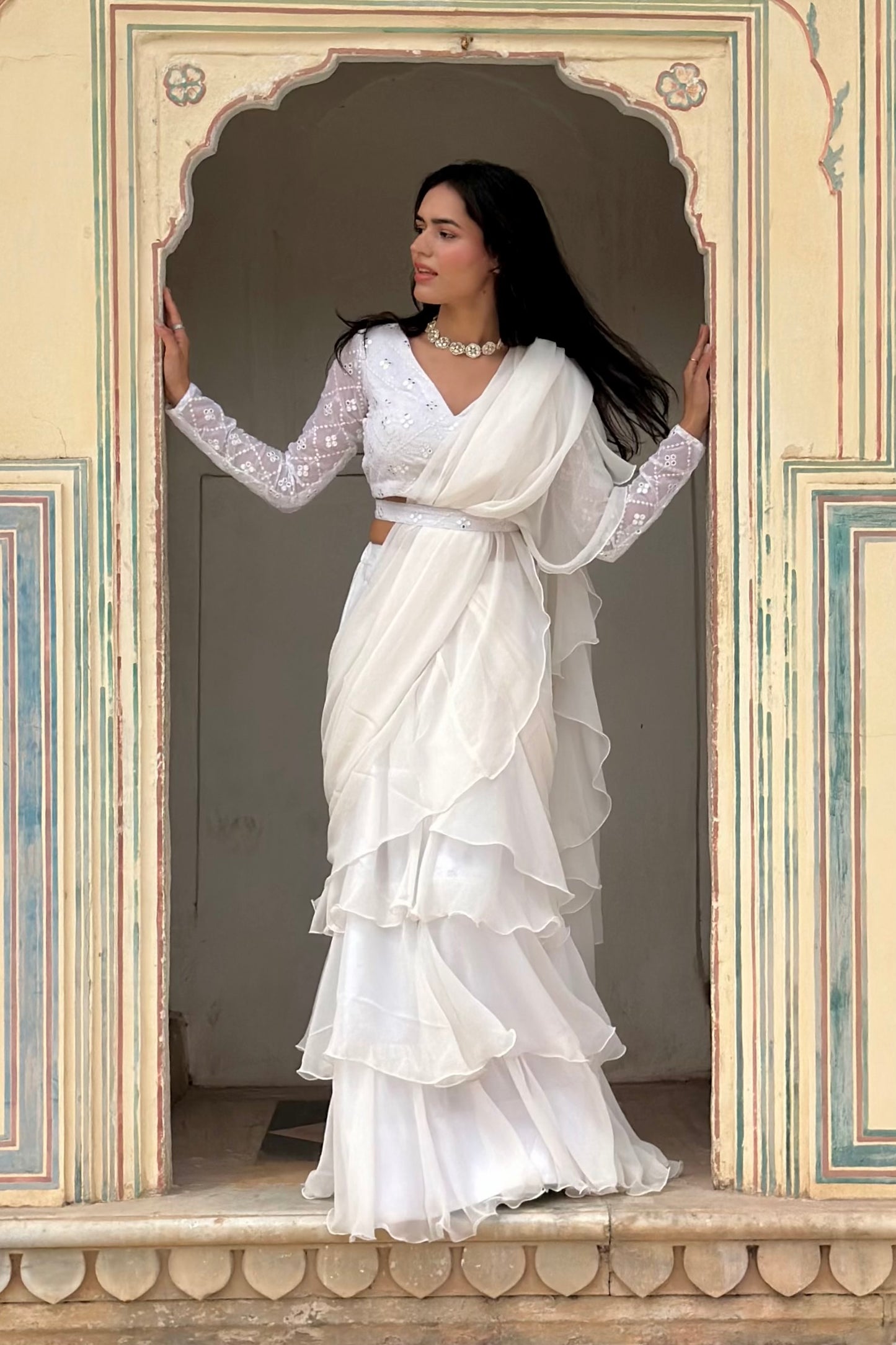 Off White Georgette Ruffle Saree With Embroidered Blouse