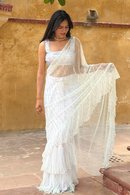 White Sequins Ruffle Saree