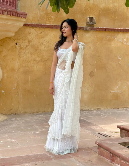 White Sequins Ruffle Saree