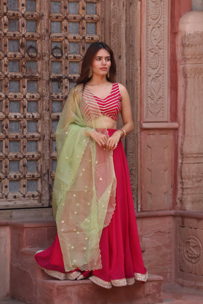 Pink Georgette Lehenga Set with Green Dupatta