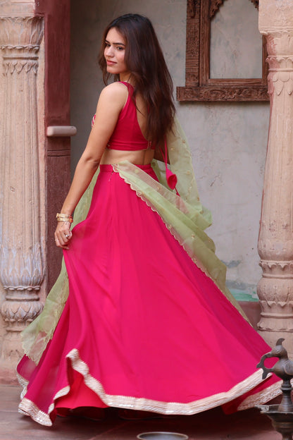 Pink Georgette Lehenga Set with Green Dupatta