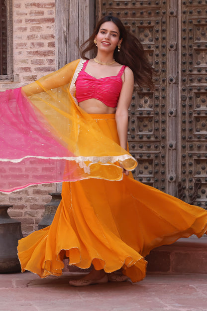 Mustard Yellow and Pink Georgette Lehenga Set