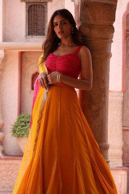 Mustard Yellow and Pink Georgette Lehenga Set