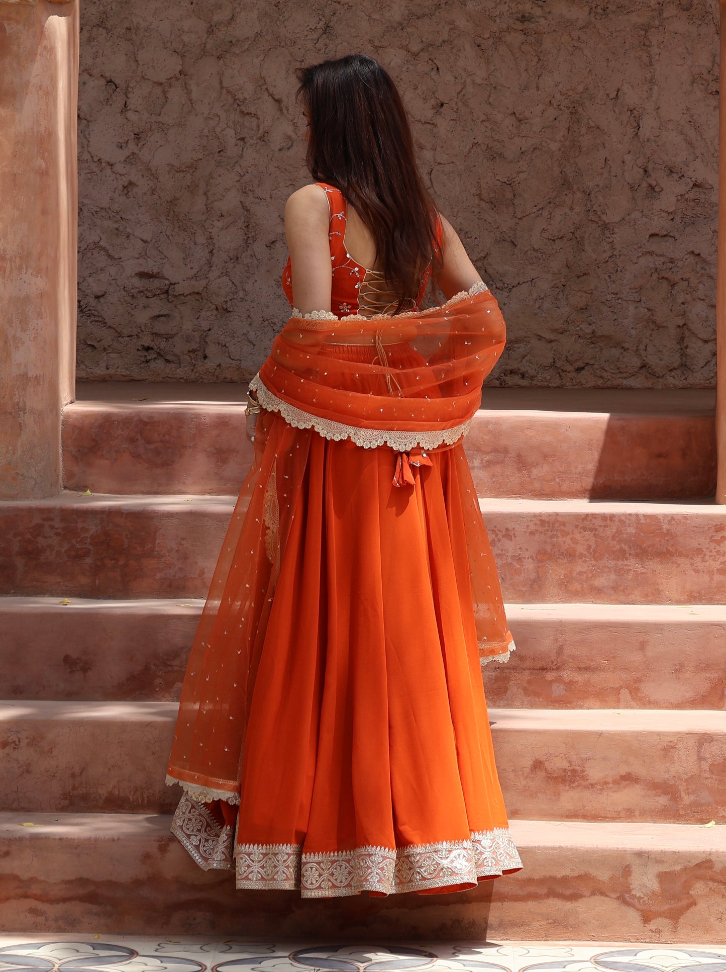 Rust Orange Georgette Embroidered Lehenga Set