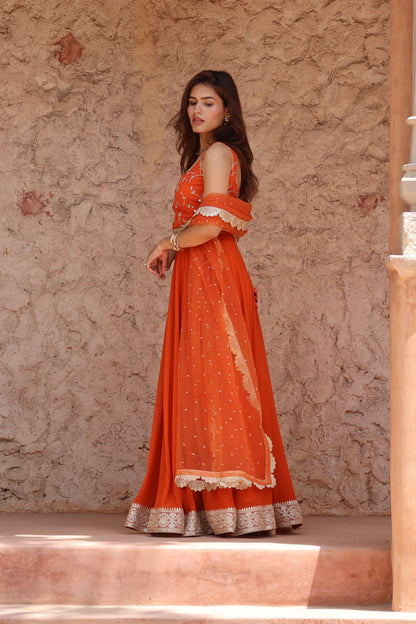 Rust Orange Georgette Embroidered Lehenga Set
