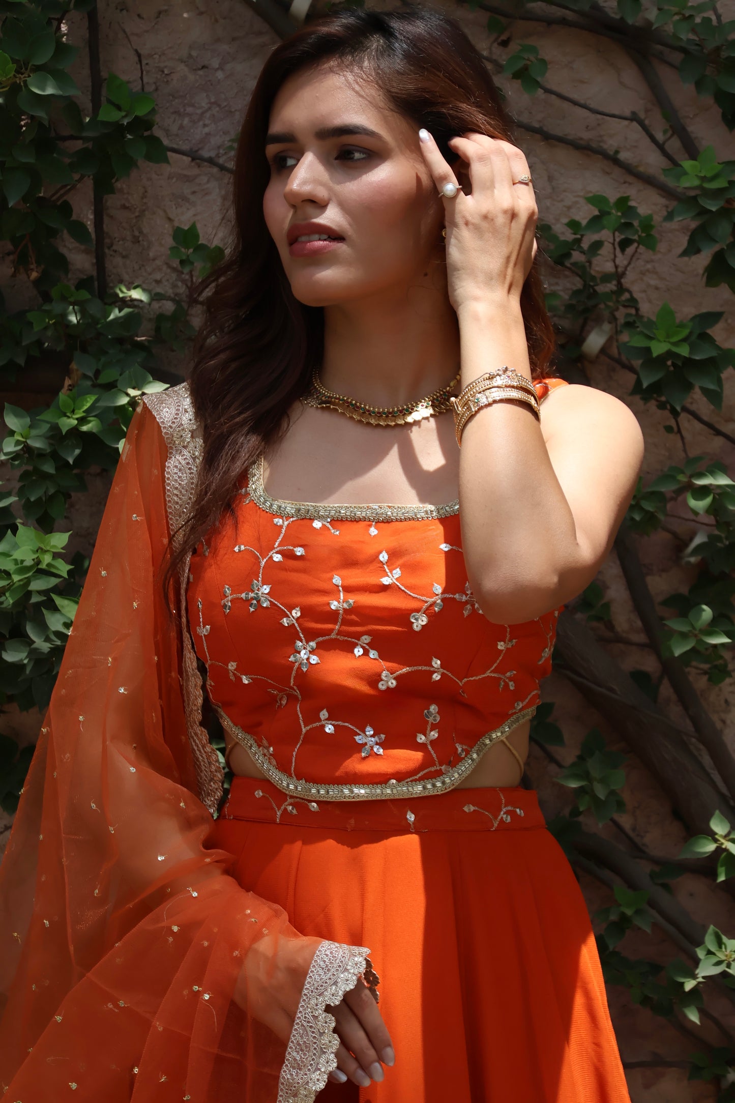 Rust Orange Georgette Embroidered Lehenga Set