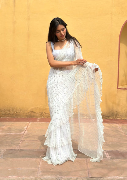 White Sequins Ruffle Saree