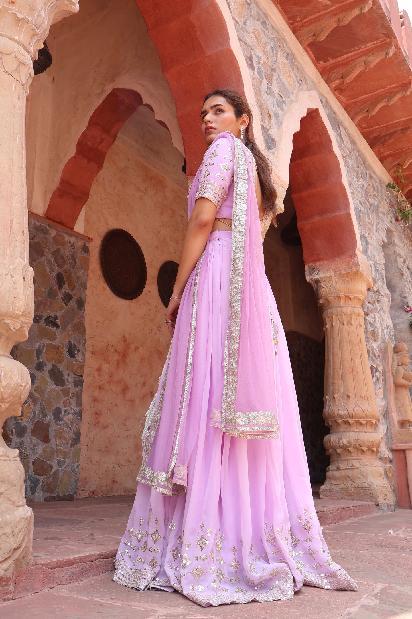 Lavender Georgette Embroidered Lehenga Set