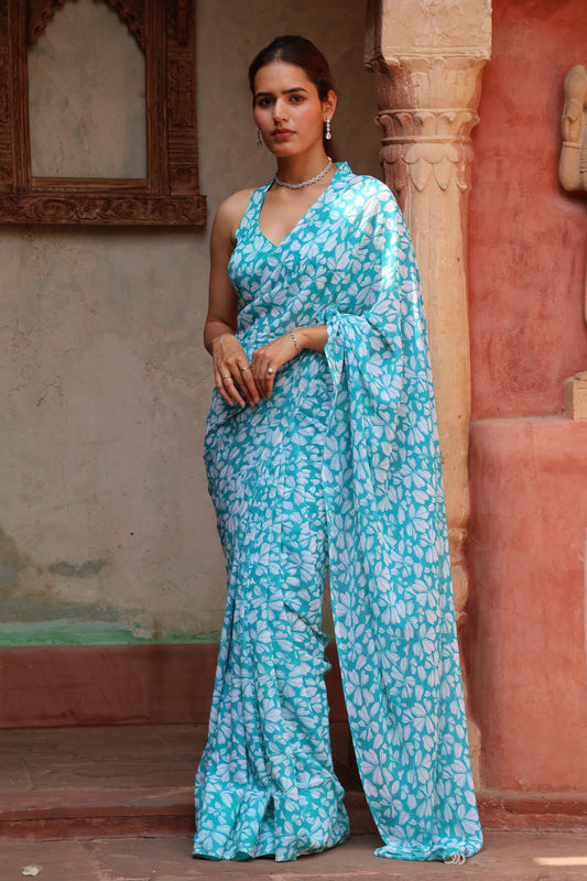 Sea Green Georgette Printed Saree