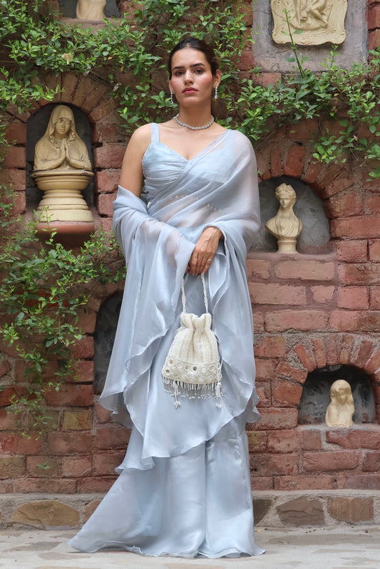 Windy Blue Tissue Ruffle Saree