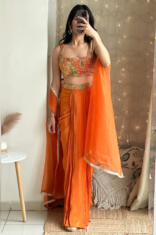 Orange Embroidered Draped Skirt Set