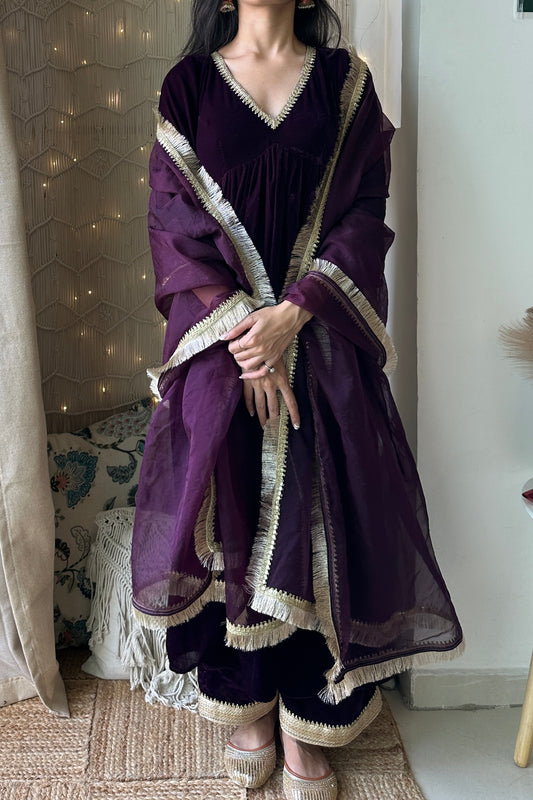 Wine Velvet Anarkali Set
