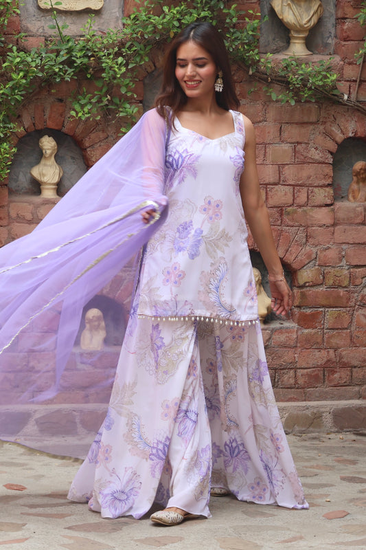 White Floral Printed Georgette Sharara Set