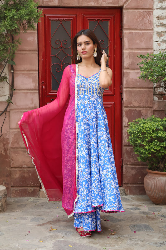 Royal Blue Cotton Printed Anarkali Set