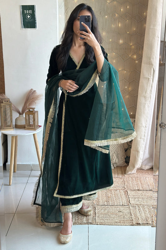 Bottle Green Velvet Angrakha Set