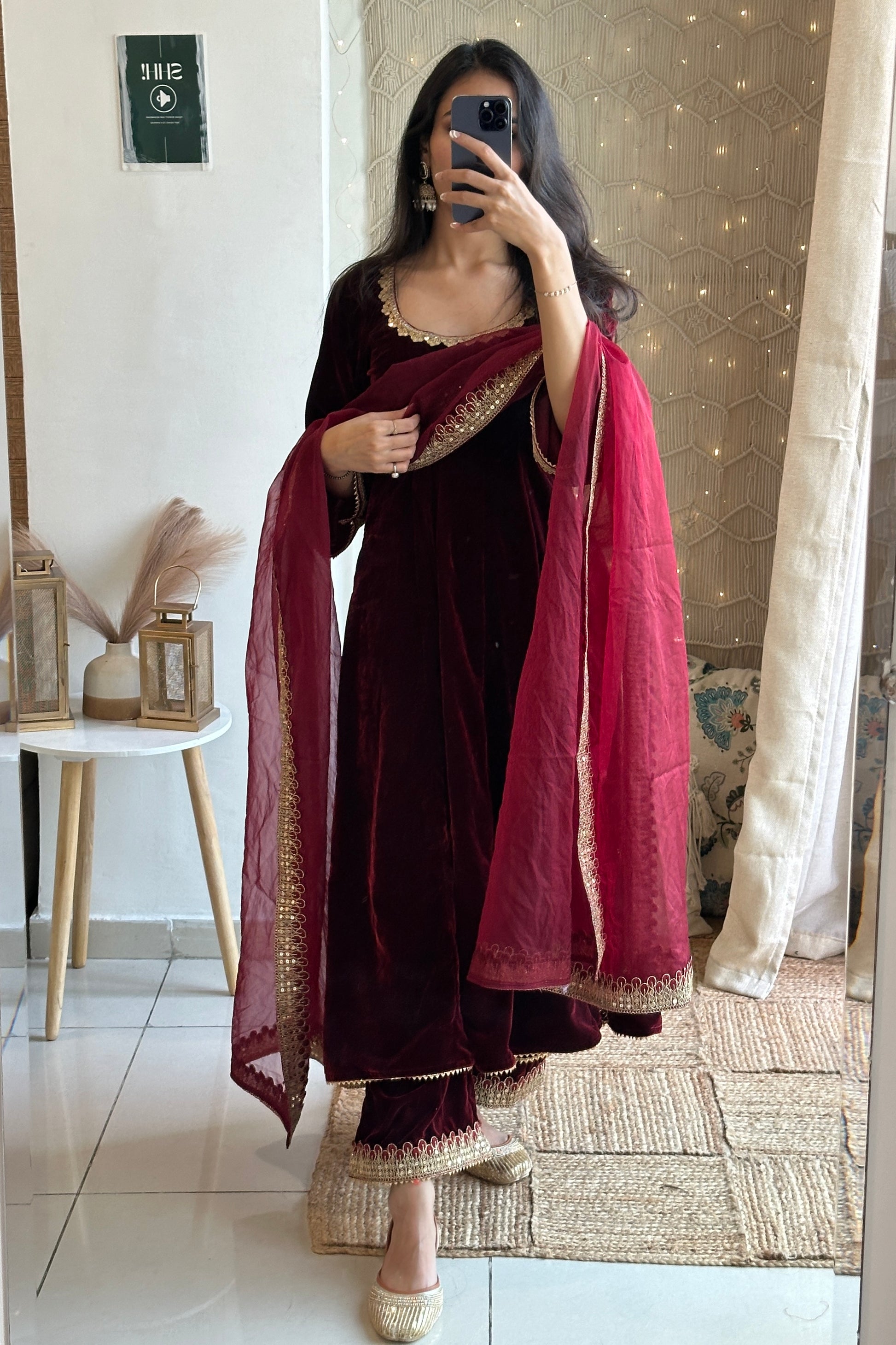 burgundy anarkali dress Maroon Premium Quality Pure Romansilk Chanderi Anarkali Gown with Dupatta & Pant Set