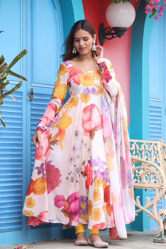 Creme Floral Printed Georgette Anarkali Set