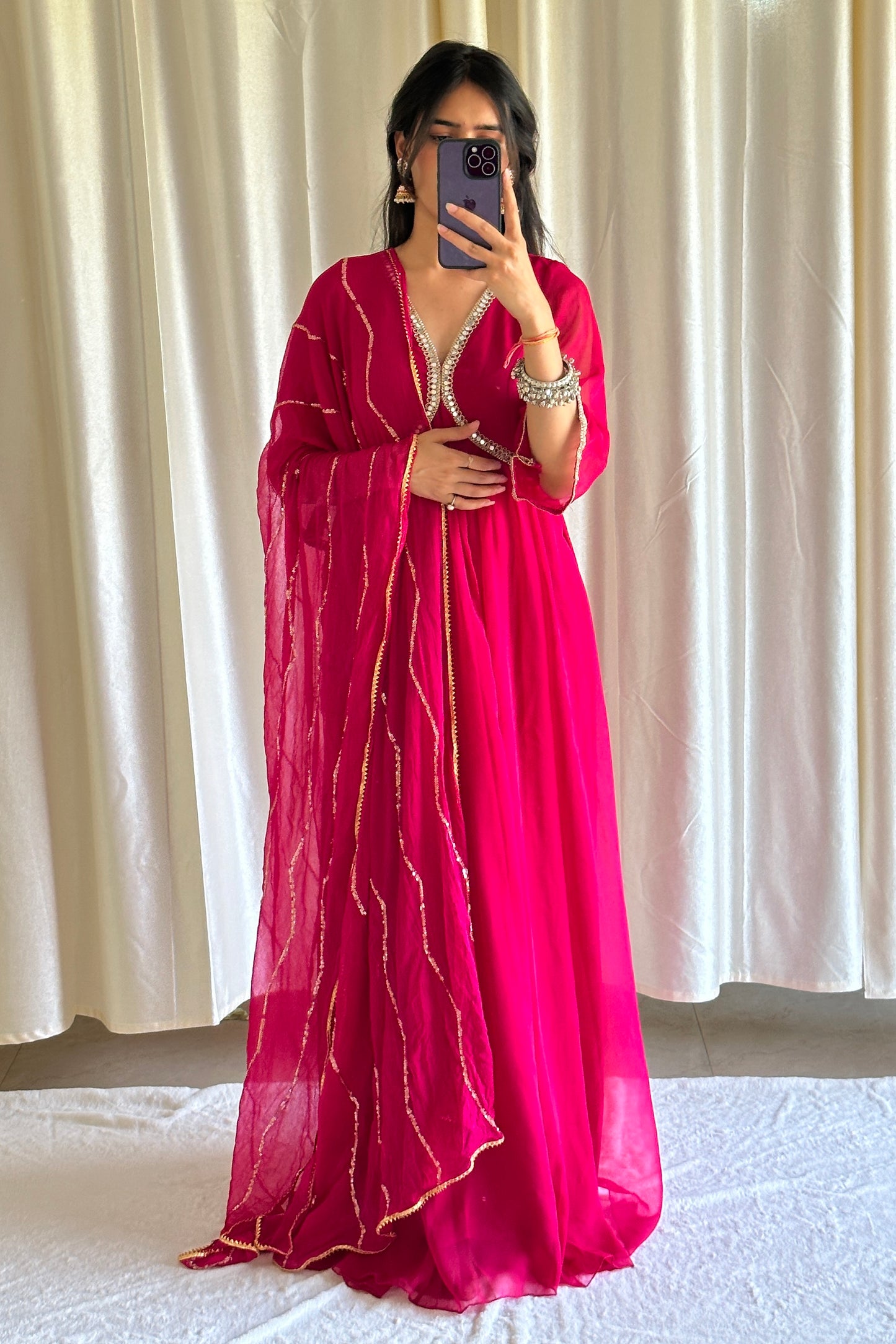 Pink Georgette Anarkali With Chiffon Dupatta - Set of 2
