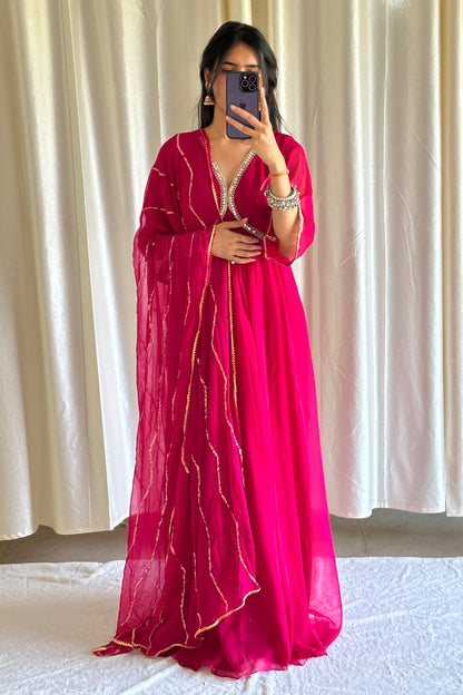 Pink Georgette Anarkali With Chiffon Dupatta - Set of 2