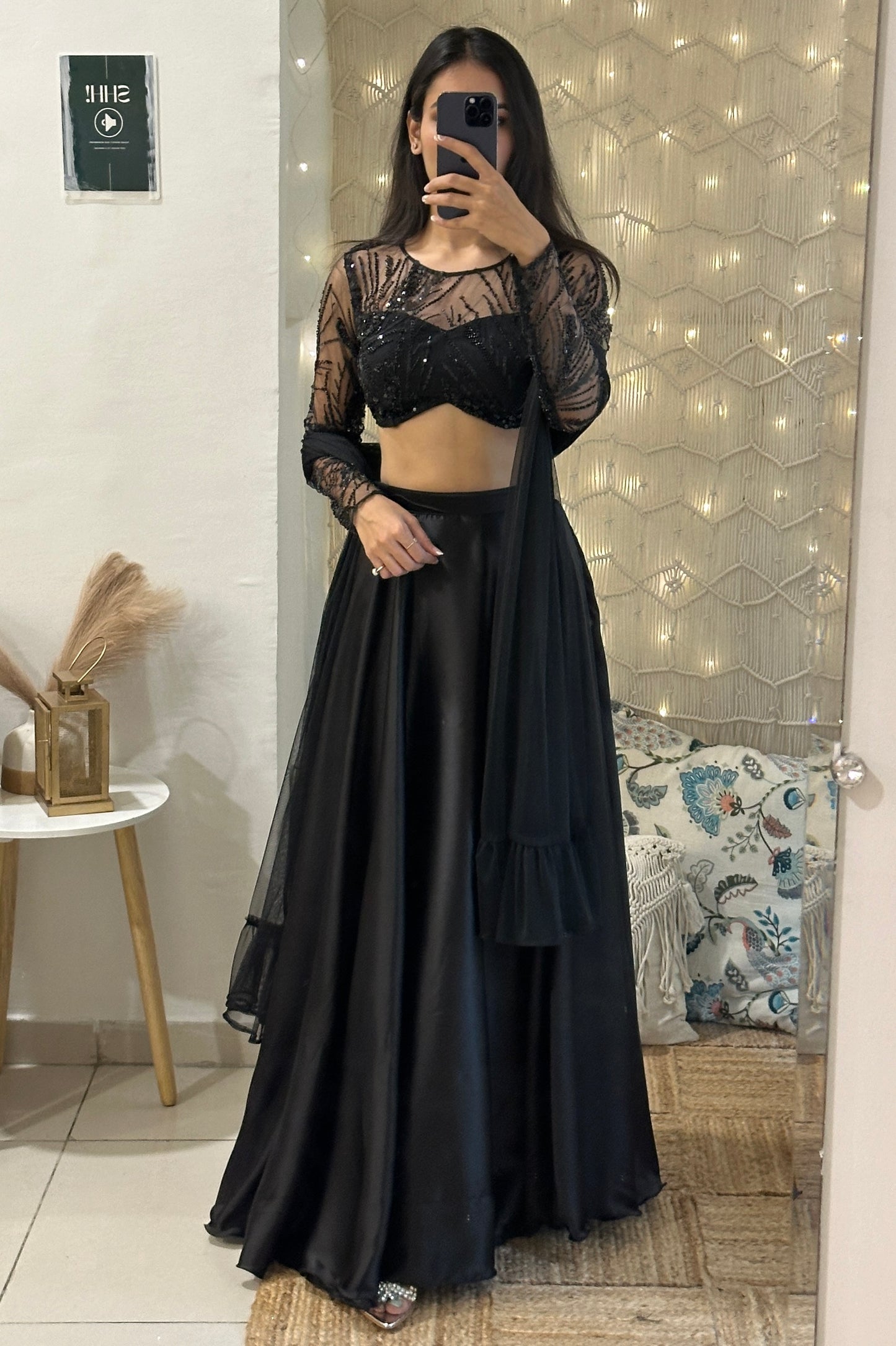 Black Embroidered Satin Lehenga Set