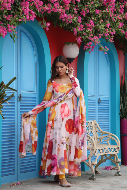Creme Floral Printed Georgette Anarkali Set