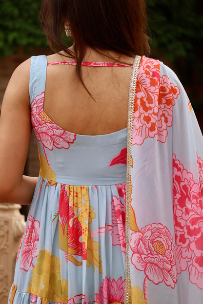 Sky Blue Printed Tiered Gown with Dupatta