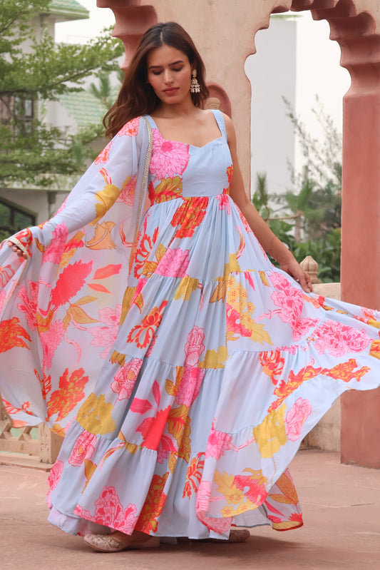 Sky Blue Printed Tiered Gown with Dupatta
