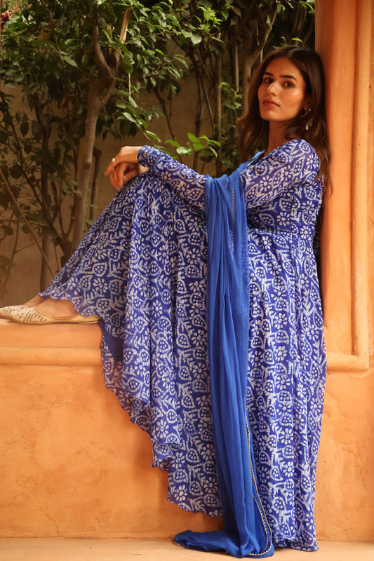 Blue Bandhnin Print Georgette Anarkali Set