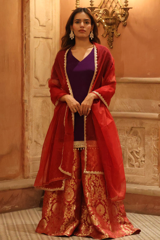 Purple and Maroon Brocade Sharara Set