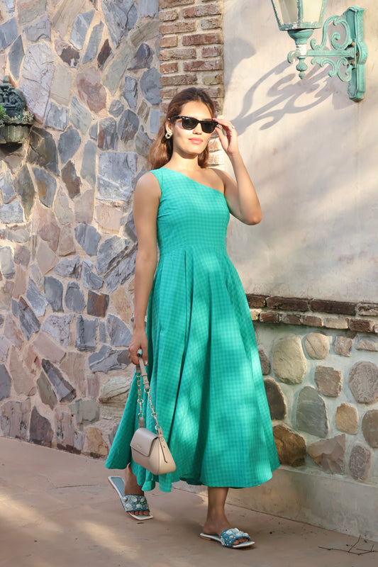 Gingham Breeze One Shoulder Cotton Dress