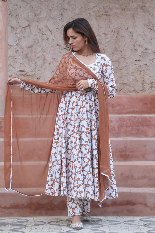 Sepia Cotton Printed Anarkali Set