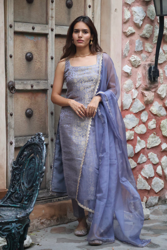 Lavender Grey Brocade Kurta Set
