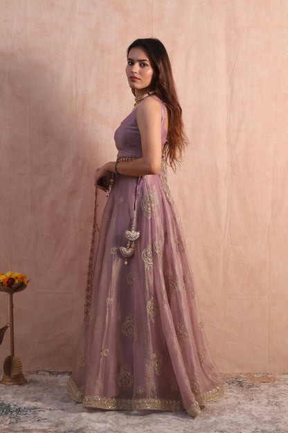 Lilac Embroidered Tissue Lehenga Set