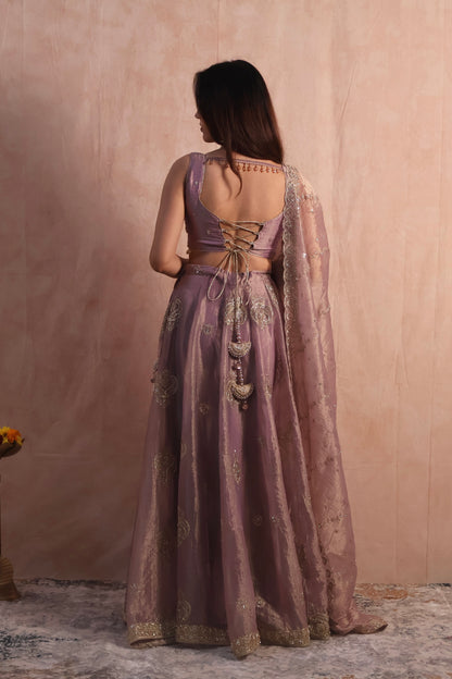 Lilac Embroidered Tissue Lehenga Set