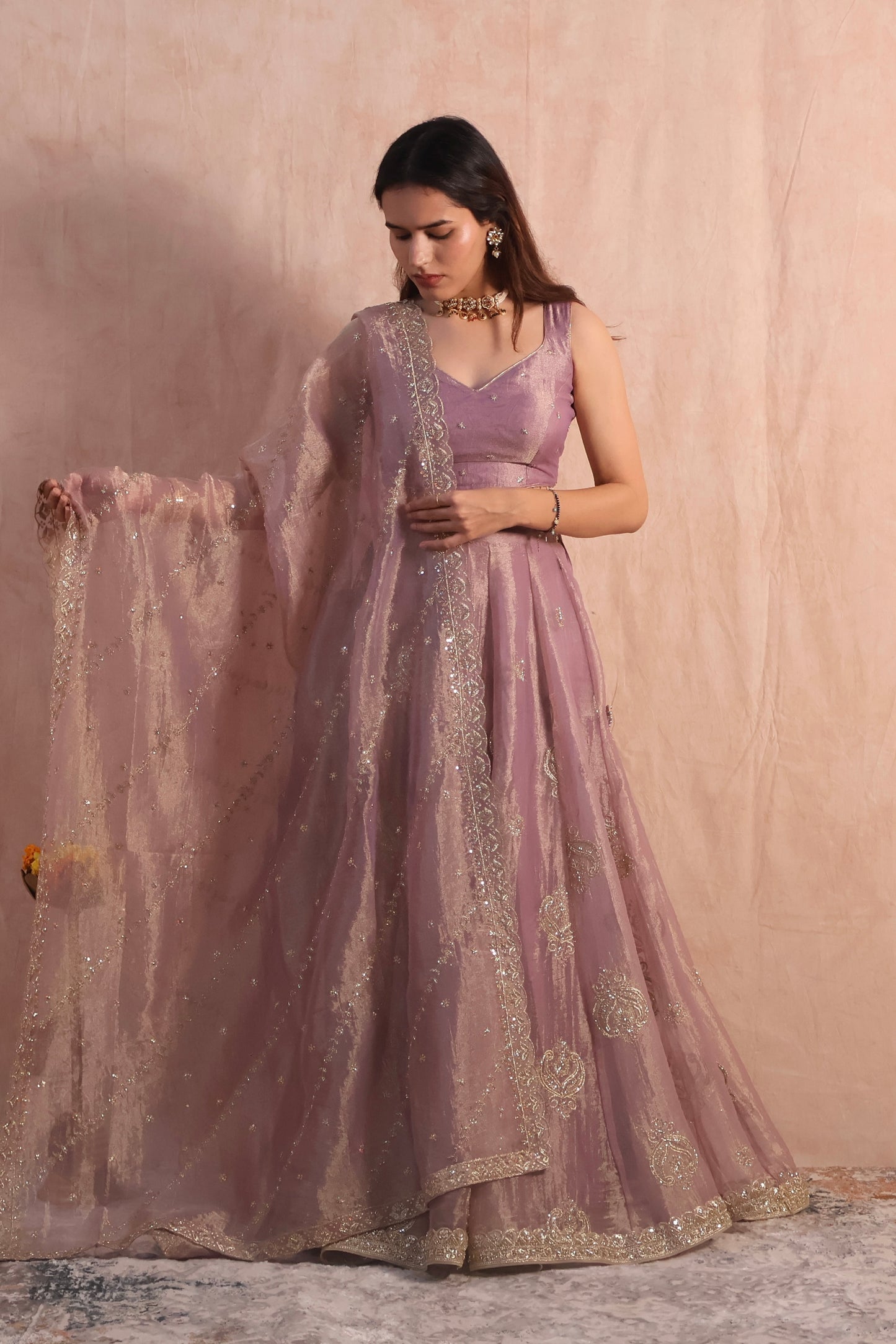 Lilac Embroidered Tissue Lehenga Set