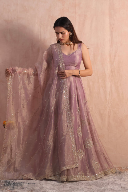 Lilac Embroidered Tissue Lehenga Set