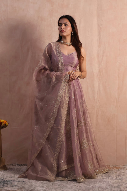 Lilac Embroidered Tissue Lehenga Set