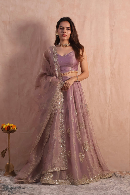 Lilac Embroidered Tissue Lehenga Set