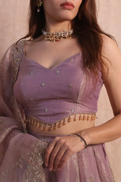 Lilac Embroidered Tissue Lehenga Set