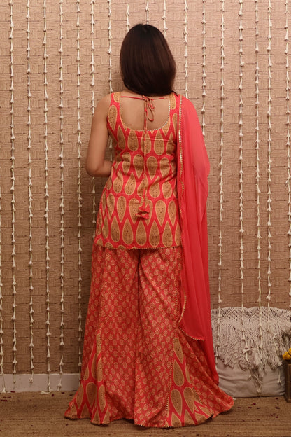 Dark Coral Cotton Printed Sharara Set